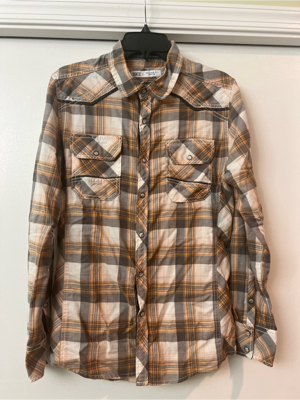 BKE Plaid Western Tailored Snap-Front Shirt in orange, Cream & Gray Sz M EUC